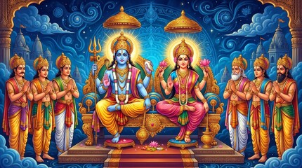 Fototapeta premium Vishnu and Lakshmi Deities in a Divine Worship Scene with Devotees, Traditional Attire, and Sacred Symbols