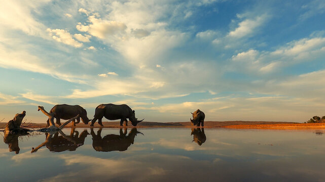 View of rhinos drinking at a waterhole in Welgevonden Game Reserve, Waterberg District Municipality, Limpopo, South Africa.