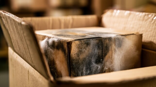 Condition of a box showing signs of damage and wear during storage in a warehouse