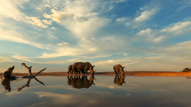View of rhinos drinking at a waterhole in Welgevonden Game Reserve, Waterberg District Municipality, Limpopo, South Africa.