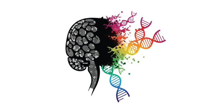 Brain transforms into colorful DNA strands illustrating cognitive science and genetics.