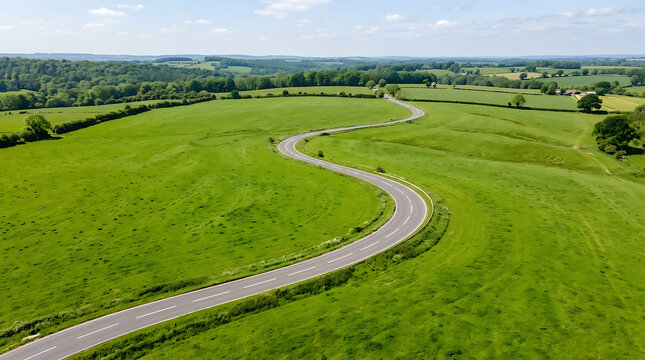 Winding road through green countryside landscape