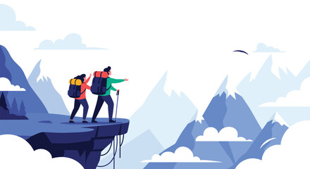 Fototapeta premium Two adventurous hikers with large backpacks standing on a cliff edge looking out over a vast snowy mountain range.