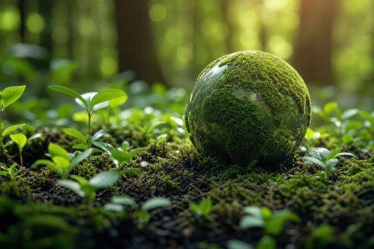 Moss covered glass globe resting on forest floor with young plant shoots, soft sunlight filtering through trees, symbolizing environmental conservation and sustainable growth