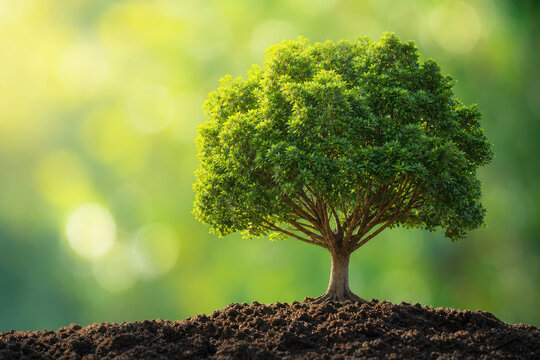 Small green tree with dense foliage standing on rich soil under soft sunlight, symbolizing growth, nature, sustainability and environmental renewal in serene outdoor setting