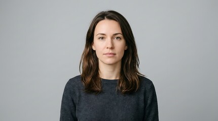 Fototapeta premium Studio headshot of a serious young brunette woman with wavy hair looking at the camera against a neutral solid light gray background backdrop