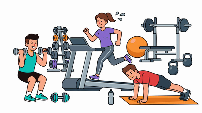 A colorful illustration of three people exercising in a gym with various equipment (1)