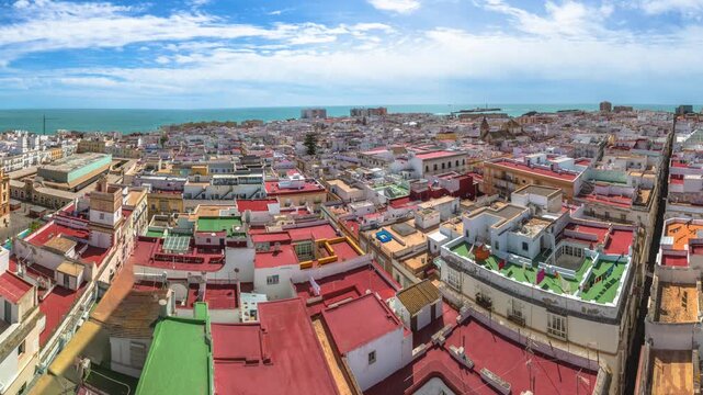 Panorama of Cadiz Town on a sunny day by the Tavira Tower, the best views of Cadiz, Andalusia, Spain.