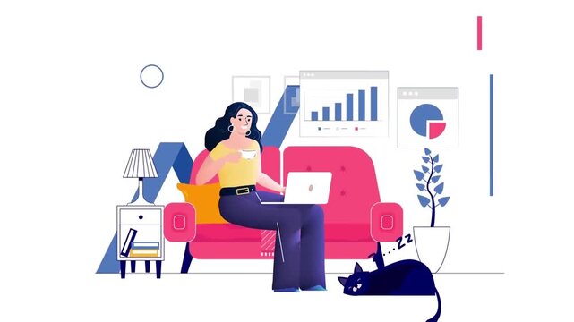 Animated Young Woman Freelancer Working on Laptop from Sofa with Pet Cat and Data Charts on Background, Remote Lifestyle
