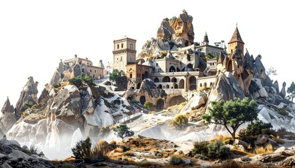 Obraz premium A stunning landscape depicts a cliffside town built into rugged rock formations. Buildings showcase arched entryways and detailed architecture