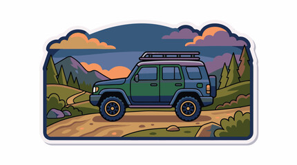 Fototapeta premium A green SUV on a dirt road with mountains in the background