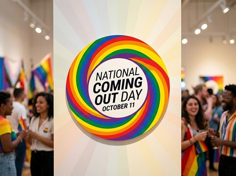 Happy diverse group of people celebrating national coming out day with rainbow colors and decorations together indoors