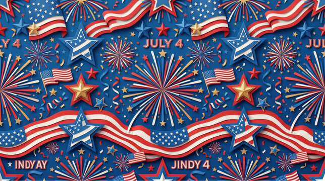 Festive seamless repeating pattern showcasing US flags, celebratory text, stars, and bright fireworks over a blue backdrop.
