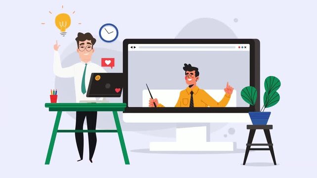 Animated Male Teacher Presenting Online Webinar via Computer Screen, E-Learning, Distance Education, Virtual Classroom Concept