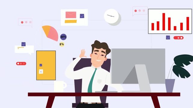 2D Animated Stressed Office Worker or Businessman Tired at Desk, Desk Burnout, Creative Block, Workload Frustration Concept