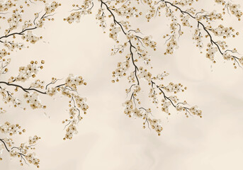  Chinoiserie Blossom Branches on Soft Beige Background   Timeless Botanical Wallpaper © SWAPNA