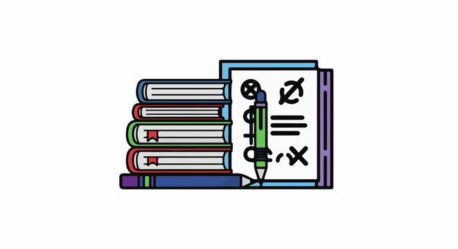 A stack of colorful books with a notepad and pencil on top