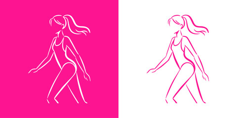 Logotipo con dibujo minimalista con líneas de una mujer con cabello largo recogido en una coleta y bañador de una pieza andando de perfil, en rosa y blanco  © teracreonte