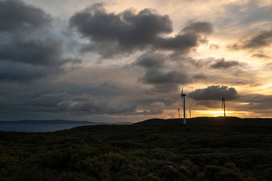 View of wind turbines at the Sandpatch wind farm silhouetted against a dramatic sunset sky with dark coastal vegetation and the ocean in Sandpatch, Western Australia, Australia.