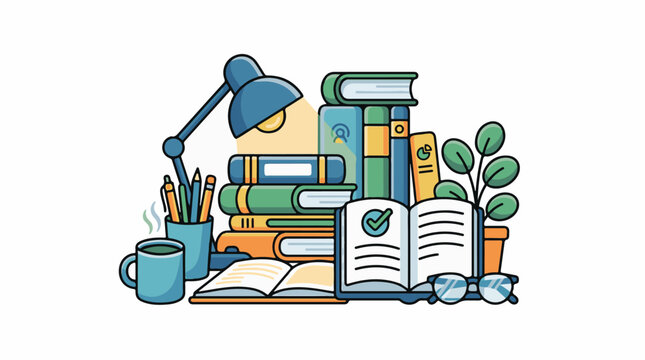 Colorful illustration of a cozy study space with books, lamp, and plants