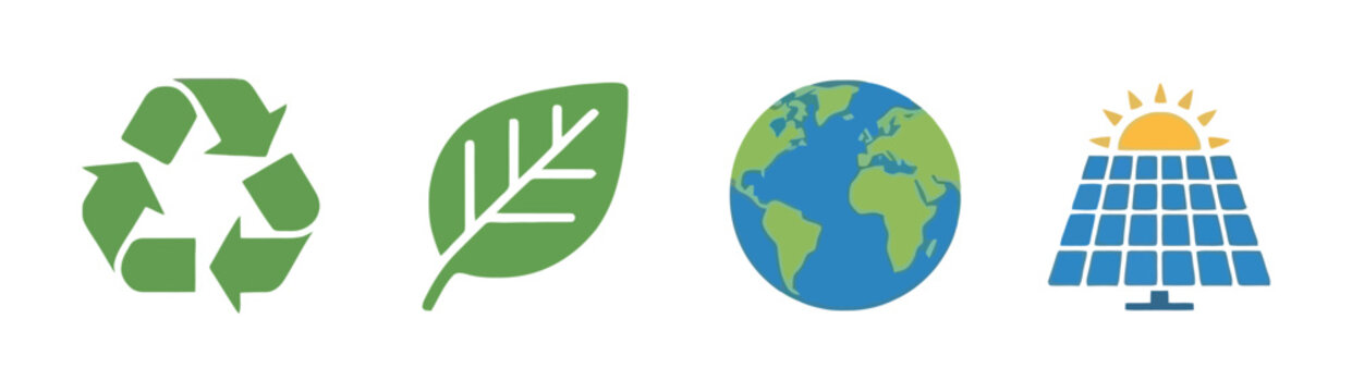 Eco Icons with Recycle and Leaf Symbols, Modern Sustainability Design in Flat Vector Style