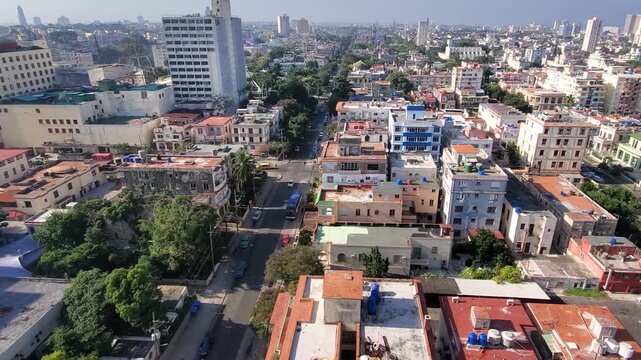 Aerial view of the Vedado neighborhood with its mix of historic and modern buildings, streets, and urban density in Havana, Havana, Cuba.