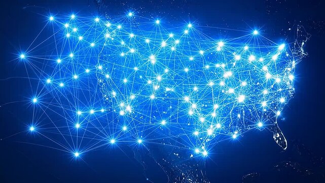 Digital network map of the United States with glowing data points