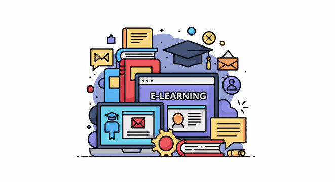 Colorful illustration of e-learning concept with computer, books, and graduation cap