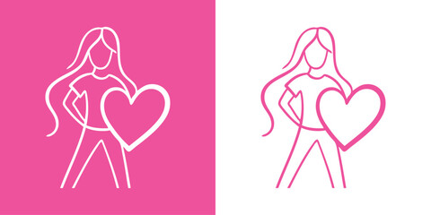 Logotipo con dibujo minimalista con líneas de una chica joven de pie de frente sujetando un corazón, en rosa y blanco, para tarjetas y felicitaciones de San Valentín © teracreonte