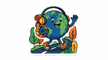 Obraz premium A cartoon globe with headphones and a backpack walks on a road