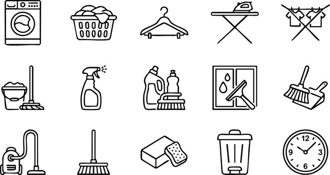 Household chores and cleaning service thin line icons with spring cleaning home care laundry basket cleaning household housework domestic maintenance