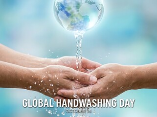 Fototapeta premium People washing hands under a globe with flowing water for global handwashing day celebration concept