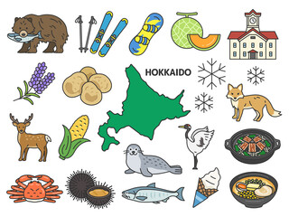 いろいろな、北海道名物・名産（線画カラー）のイラストセット © R-DESIGN
