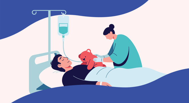 Compassionate nurse in scrubs tending to a young patient lying in a hospital bed with a red teddy bear and an IV drip bag.