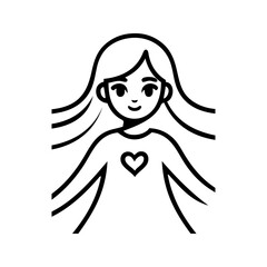 Logotipo con dibujo minimalista con líneas de una chica joven de pie de frente con un corazón en el pecho, para tarjetas y felicitaciones de San Valentín © teracreonte