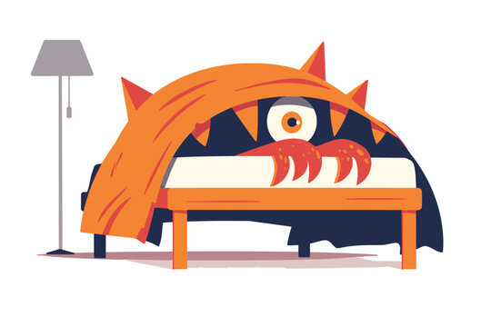 Monster under kids bed isolated