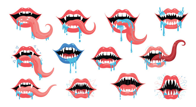 Set of diverse monster and vampire mouths featuring sharp fangs, long dripping tongues, and blue slime accents.