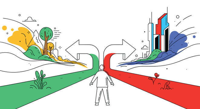 Man standing at a fork in the road deciding between a path towards a green forest and a path towards a modern city.