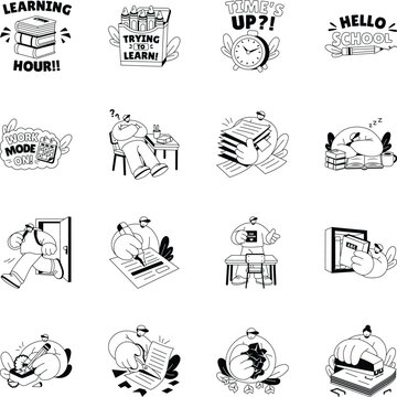 Educational Glyph stickers highlighting study time, school supplies, reading, writing, paper crafts, desks, books, and classroom learning. 
