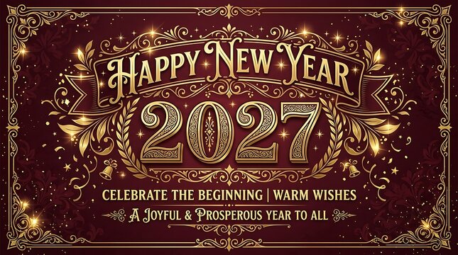 Happy new year 2027 elegant vintage design with ornate gold frame and decorative elements on a deep red background.