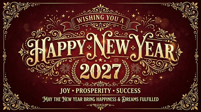 Happy new year 2027 ornate vintage greeting card design with golden flourishes on a rich red background.