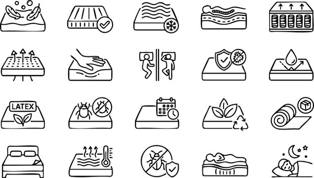 Mattress and bedding features icons set showcasing comfort support material properties for sleep quality memory foam eco friendly anti allergy dust mite