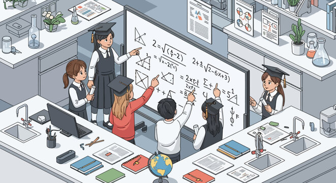 Students learning math and science in a classroom laboratory setting.