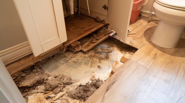 Water damage causes floor to rot in bathroom area near toilet and cabinet during repair process