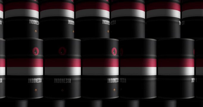 Indonesia oil business and fuel extraction barrels in row seamless and loopable concept. Indonesian petrol industrial containers.
