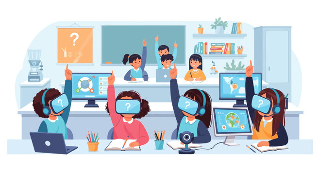 Children wearing virtual reality headsets in a classroom raising hands.