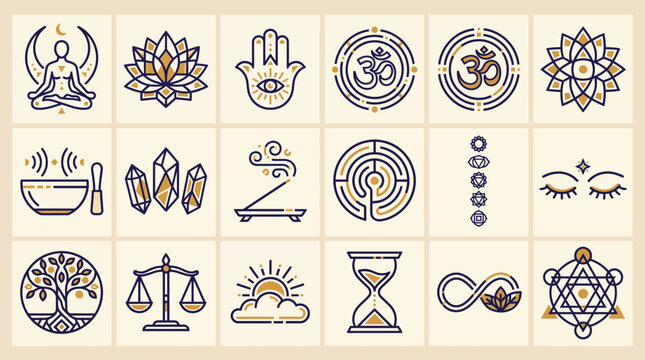 Collection of spiritual and meditation line icons including lotus, hamsa, om, chakra and sacred geometry symbols, symbolizing holistic wellness branding or esoteric graphic design projects