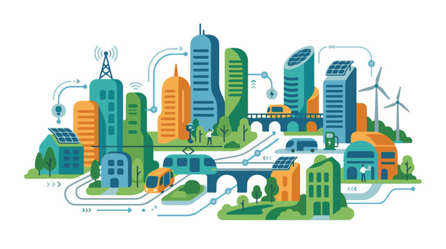 A futuristic cityscape with green and orange buildings solar panels and a train