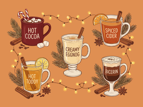 A collection of warm festive holiday drinks including hot cocoa spiced cider creamy eggnog and hot toddy with decorative elements