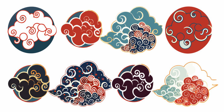 Traditional style cloud illustrations vector ornament with red and blue color scheme